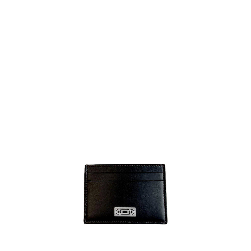The Card Holder in Black. Front view showing smooth Italian leather, card slots and Studio Tondini’s signature silver-stamped logo.