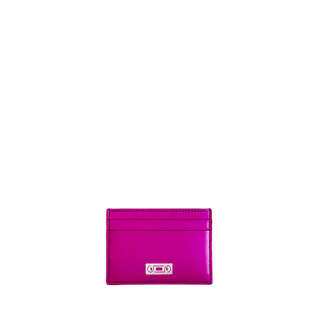 The Card Holder in Orchid. Front view showing smooth Italian leather, card slots and Studio Tondini’s signature silver-stamped logo.