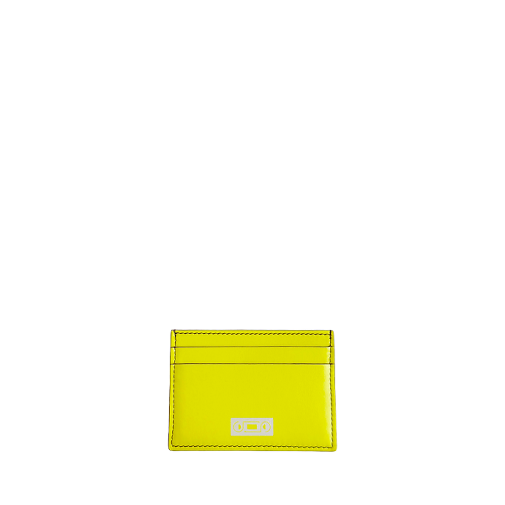 The Card Holder in Yellow Lime. Front view showing smooth Italian leather, card slots and Studio Tondini’s signature silver-stamped logo.