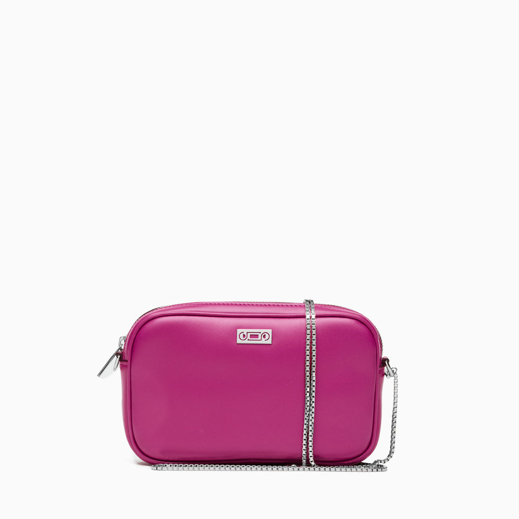 The Valentina Bag in Orchid. Front view showing smooth Italian leather, Studio Tondini logo plate and jewellery-grade chain, all in palladium-plated hardware.