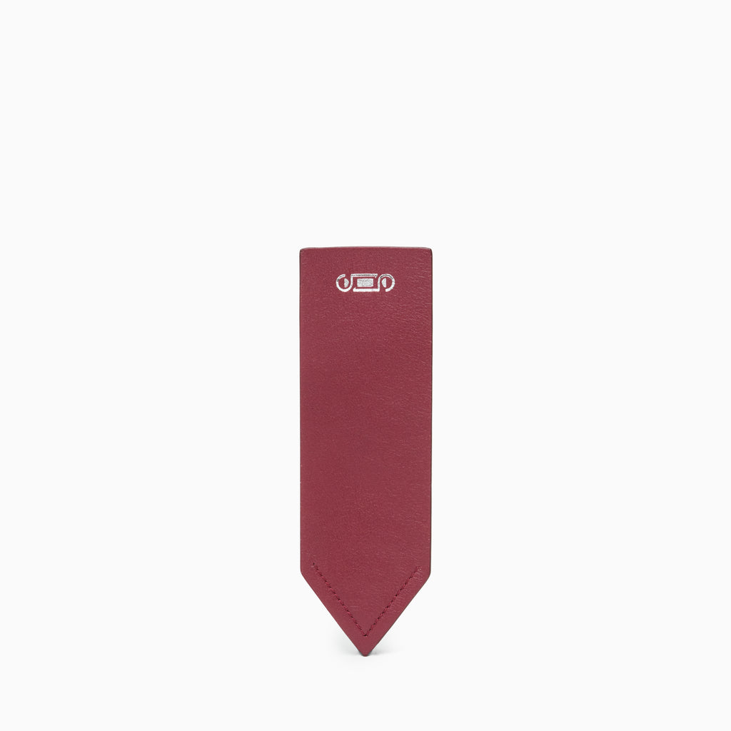 Front view of The Bookmark by Studio Tondini in Bordeaux upcycled leather with signature V-shaped construction and refined minimalist craftsmanship made in Italy.
