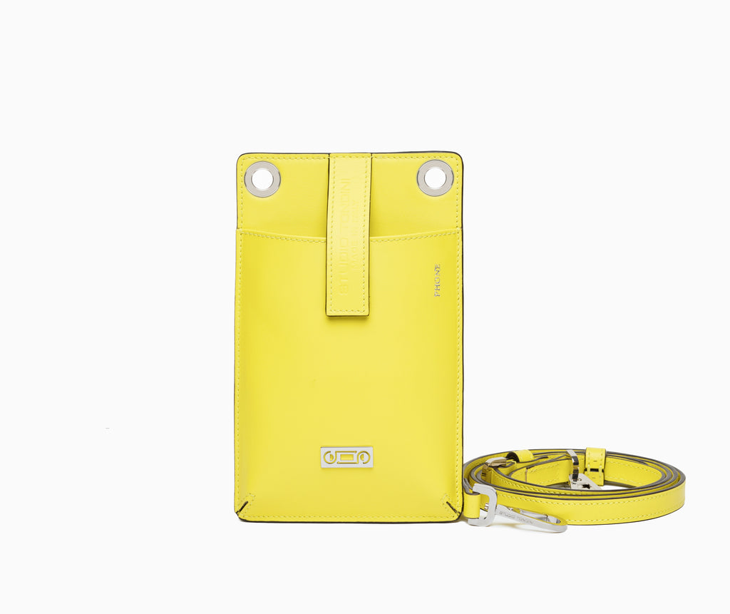 Front view of The Come Fly with Me! in Yellow Lime leather with compact silhouette, refined organisation, and contemporary Italian craftsmanship.