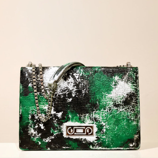 Front view of The Cristiana “Piece of My Heart” by Studio Tondini and Gabriella Martinelli, featuring hand-painted Piñatex, sculptural proportions, and contemporary Italian craftsmanship.