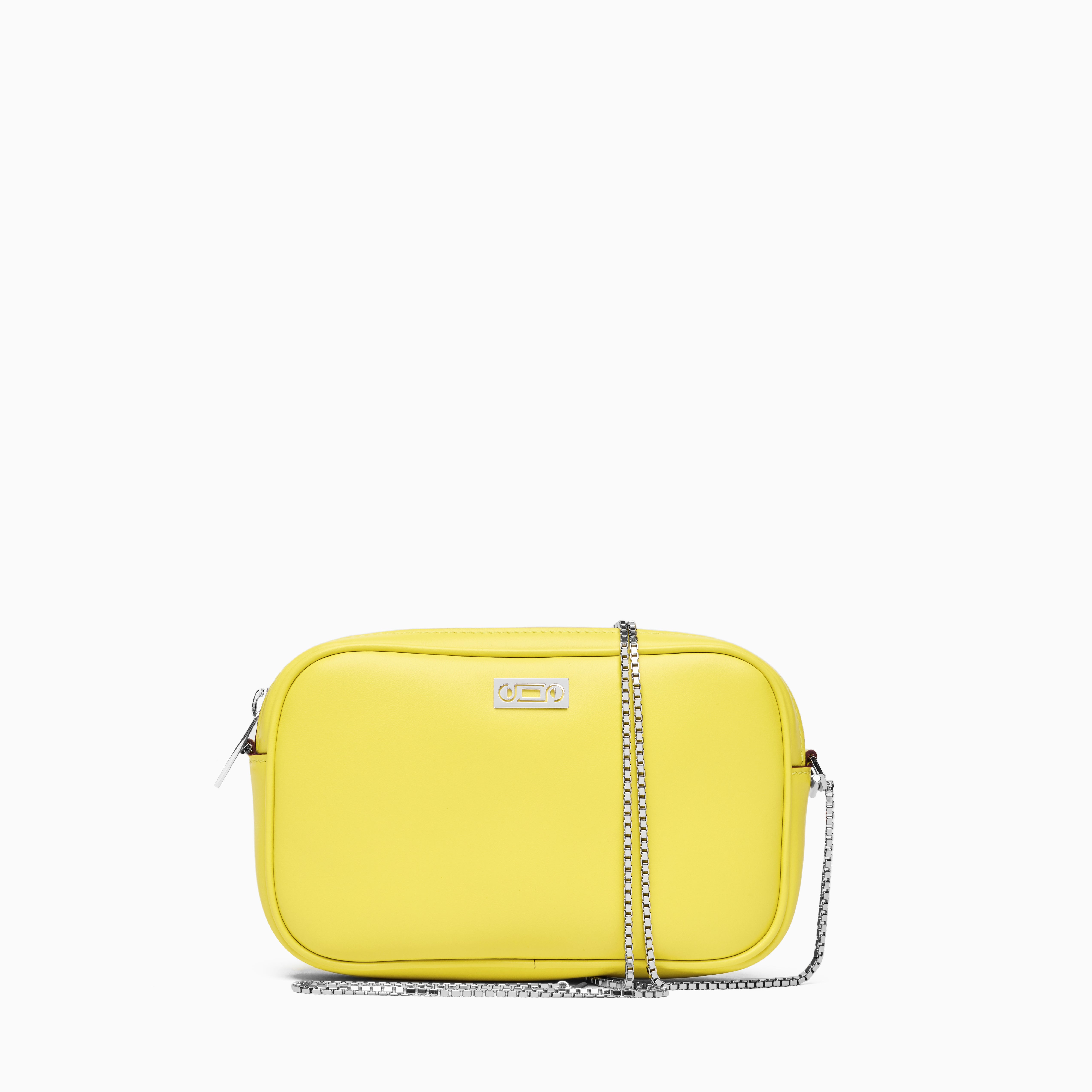 Front view of The Valentina Bag by Studio Tondini in Yellow Lime leather with compact structure, jewellery-inspired chain strap, and refined Italian craftsmanship.