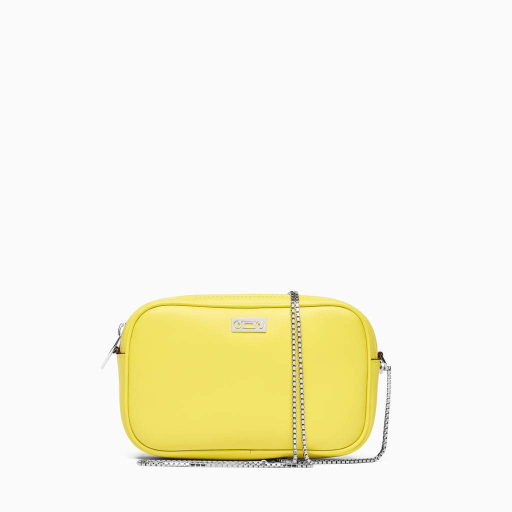Front view of The Valentina Bag by Studio Tondini in Yellow Lime leather with compact structure, jewellery-inspired chain strap, and refined Italian craftsmanship.