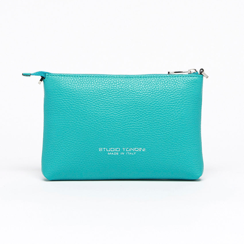 Back view of The Arianna Monochrome Pouch in Emerald grained leather with clean lines, minimalist construction, and refined Italian craftsmanship.