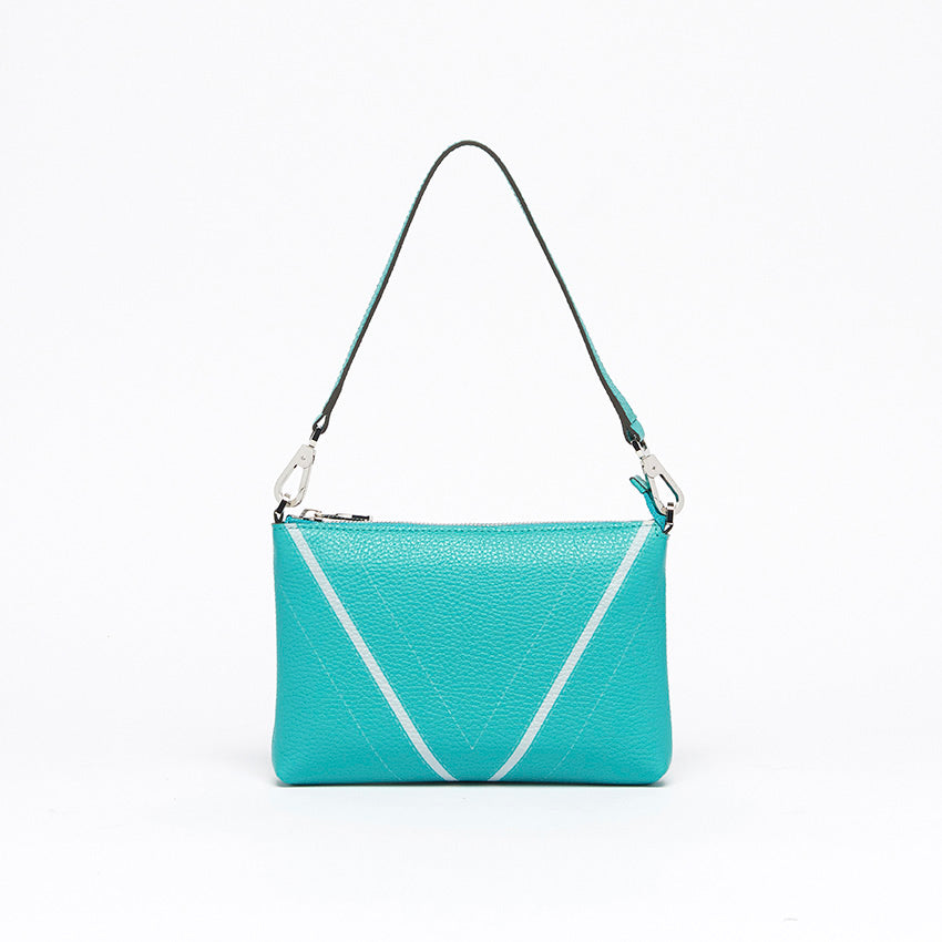 Front view of The Arianna Monochrome Pouch by Studio Tondini in Emerald grained leather with signature V-shaped detailing and refined contemporary Italian craftsmanship.