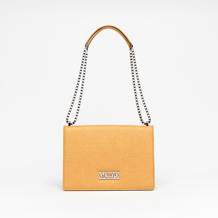Front view of The Cristiana Vegan Shoulder Bag in antique gold Piñatex with balanced proportions and contemporary Italian elegance.