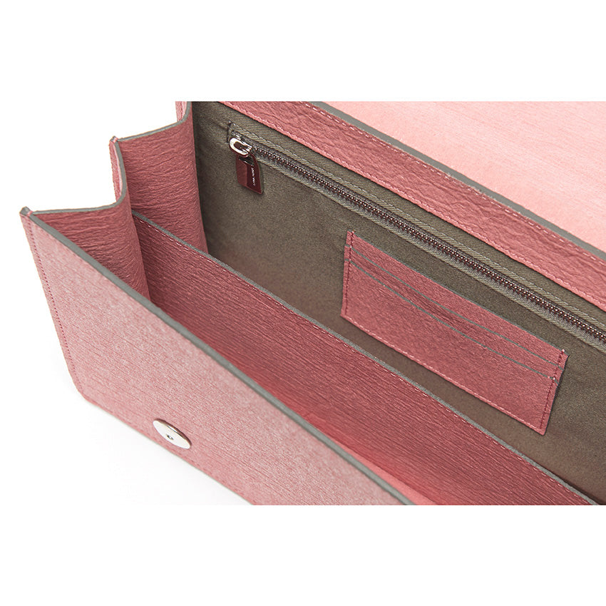 Interior craftsmanship detail of The Cristiana Vegan Shoulder Bag with organised compartments and tactile contemporary materials.