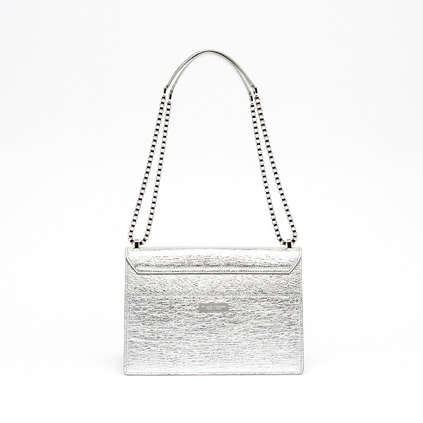 Back view of The Cristiana Vegan Shoulder Bag in silver Piñatex featuring clean geometry and understated sophistication.