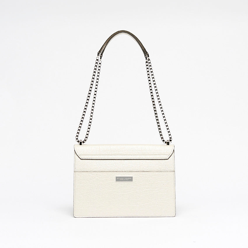 Back view of The Cristiana Vegan Shoulder Bag in white Piñatex with clean geometry and understated sophistication.
