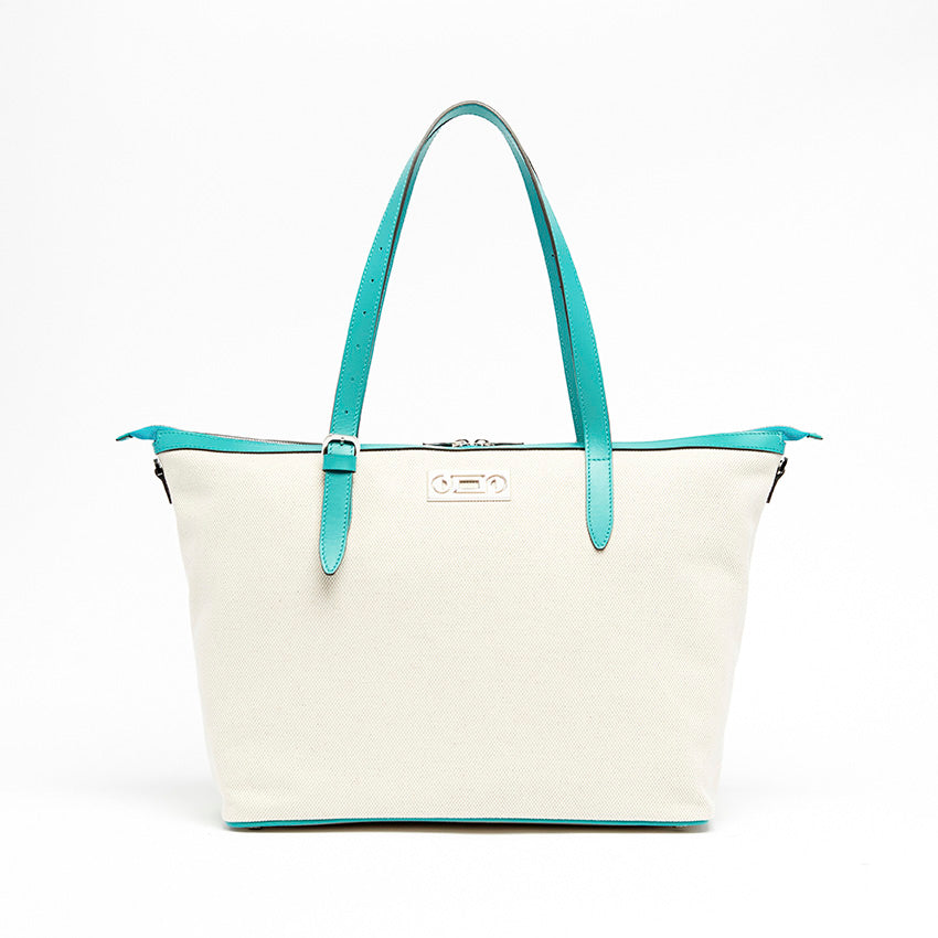 Front view of The Giulia Canvas Tote Bag by Studio Tondini with relaxed proportions, leather detailing, and refined contemporary Italian craftsmanship.