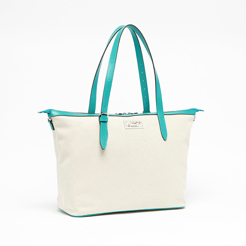Three-quarter view of The Giulia Canvas Tote Bag highlighting relaxed structure, versatile proportions, and understated contemporary elegance crafted in Italy.