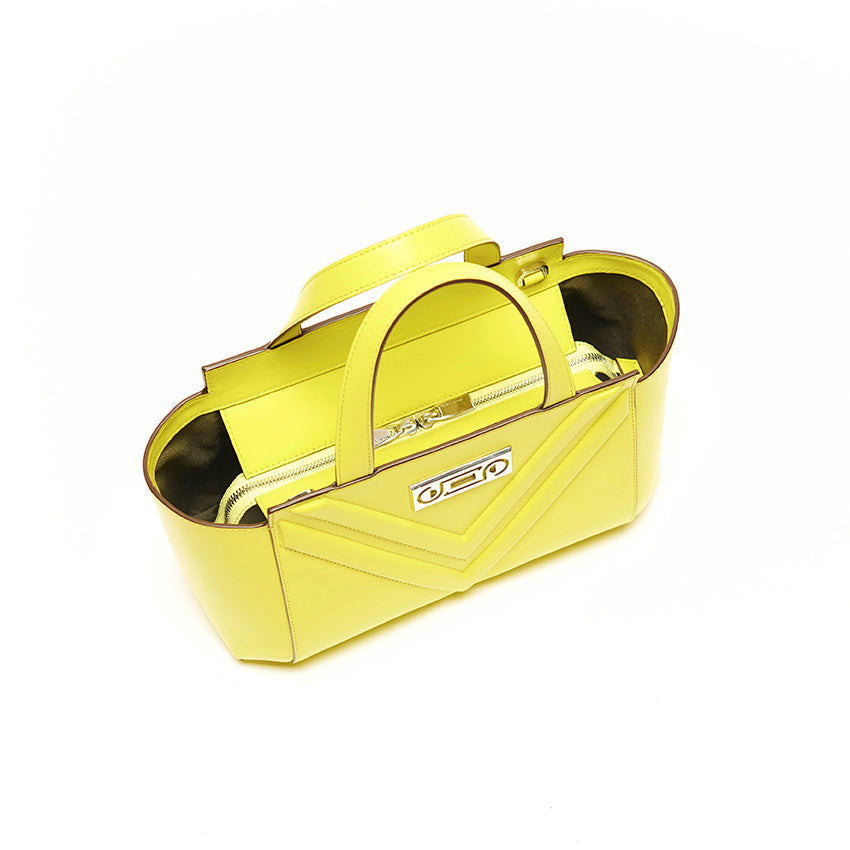 Top view of The Maja Little Tote Bag in Yellow Lime leather with structured silhouette and refined Italian leather craftsmanship.