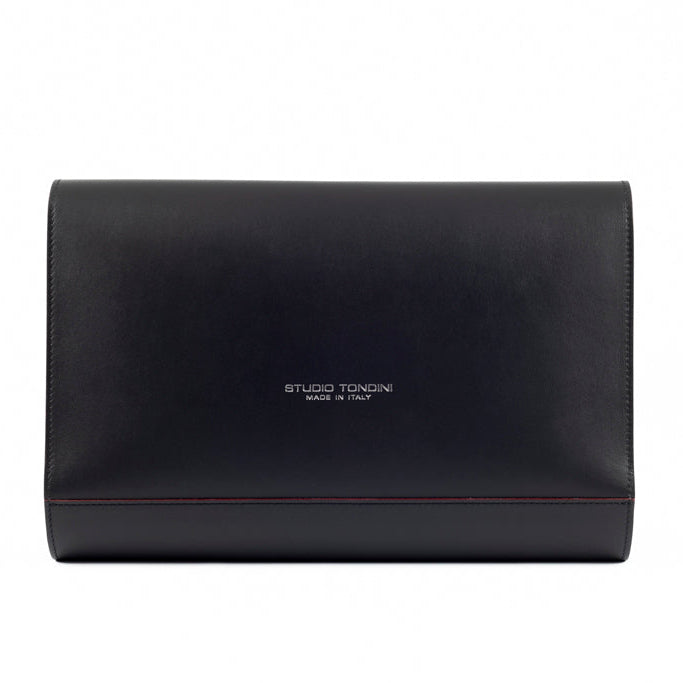 Back view of The Document Holder in smooth black leather with bordeaux edge detailing and minimalist construction.