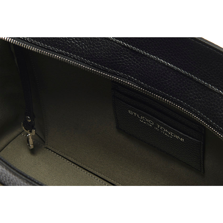 Interior detail of The Maja Monochrome Tote Bag, highlighting refined organisation, zip opening, and smooth lining.