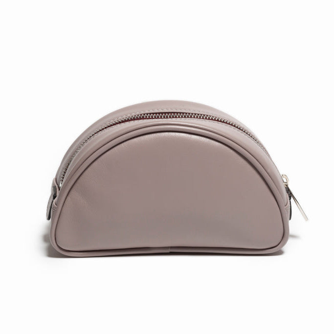 Back view of The Valentina Toiletry in Light Grey leather highlighting minimalist geometry and refined contemporary craftsmanship made in Italy.